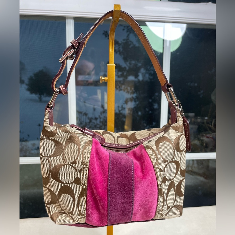 Coach Vintage Mini Hobo Bag in Signature Jacquard Canvas & Pink and Berry Suede - Picture 16 of 17
